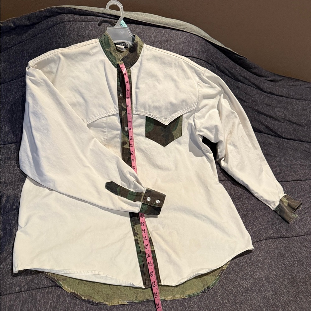 Men's Vintage Western Slammer’s button-up shirt in white and green camo!